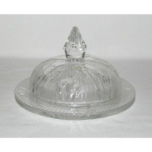 Jeannette Glass IRIS AND HERRINGBONE Crystal Butter Dish with Cover